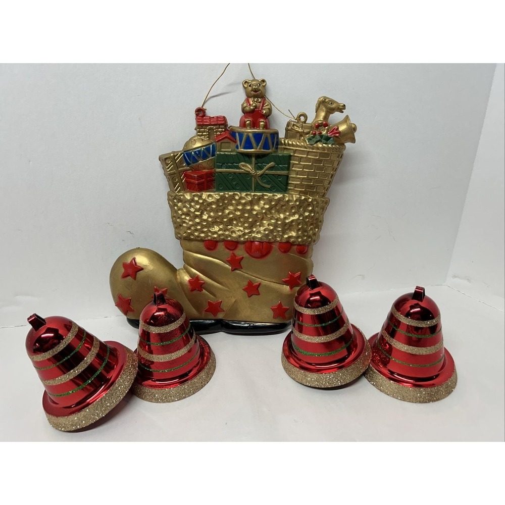 Plastic Santa Boot Wall Hanger With Toys And Four Bells 1960's Kitschy Christmas